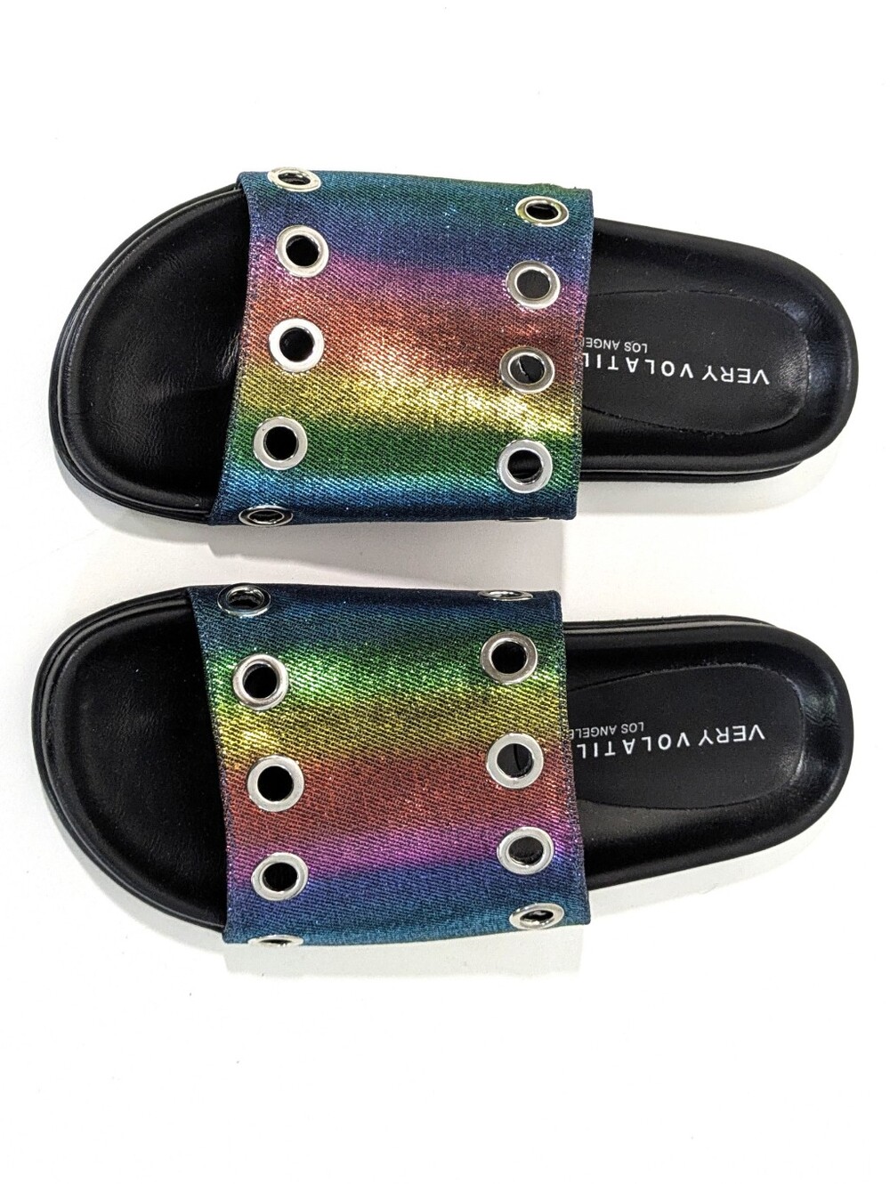 NEW Very Volatile Lenny Rainbow Shiny Sparkly Slides / Sandals - Size 7 Womens